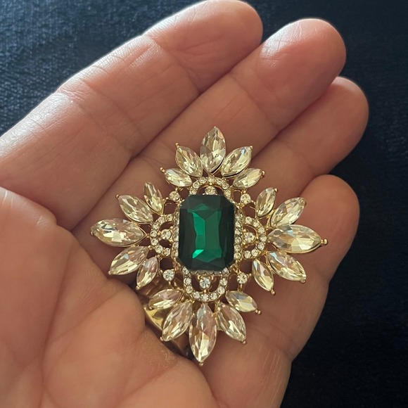 Brooch Emerald Green Bling Pin Rhinestone Crystal Flower Statement Jewelry - Picture 2 of 5
